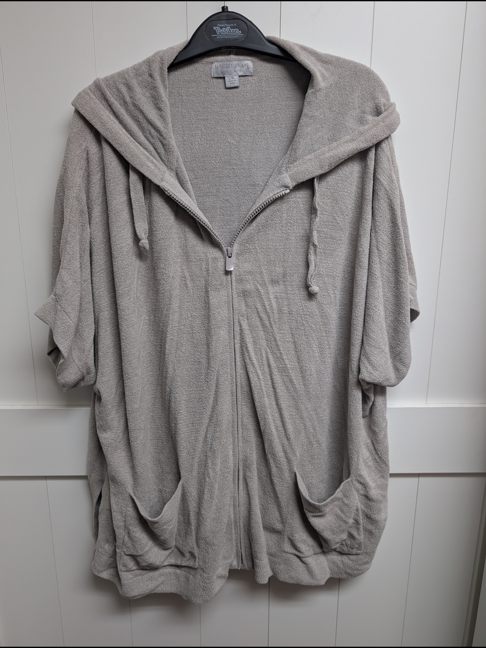 Barefoot Dreams Light Gray CozyChic Ultra Lite Hooded Short Sleeve Zip Up, L/XL - Picture 2 of 5